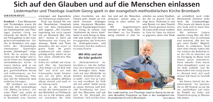 Zeitungsartikel zum Liederabend von Pastor Joachim Georg